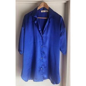 Victoria's Secret Blue Satin Button Front Pajama Shirt Top‎ M L Gold Label